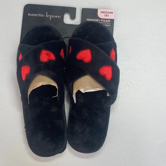 Nanette Lepore Black X band slipper with Red Heart Design pattern M 8 - Picture 8 of 14